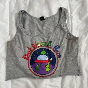 Grey alien cropped tank top.